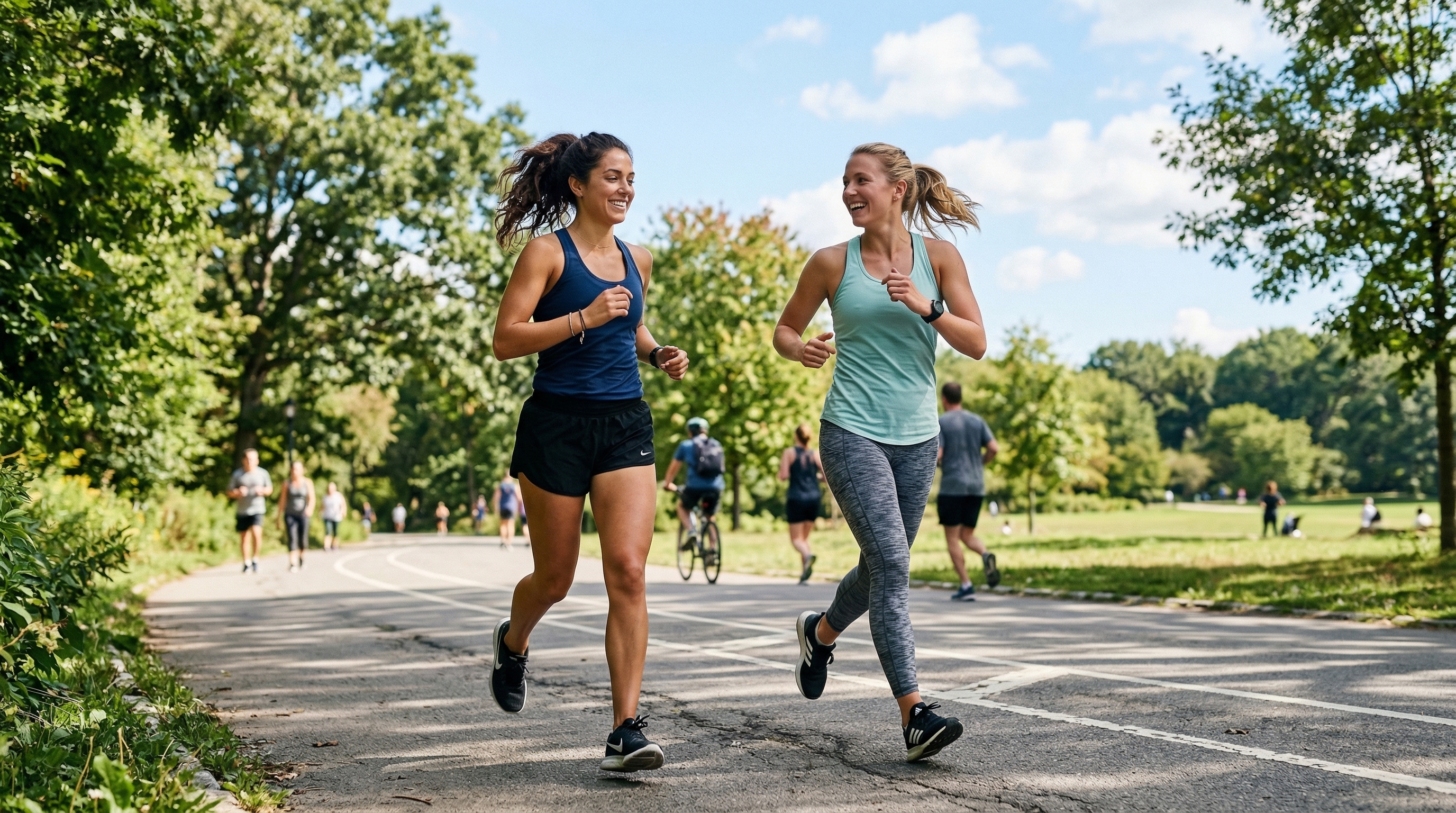Two people running together in a park